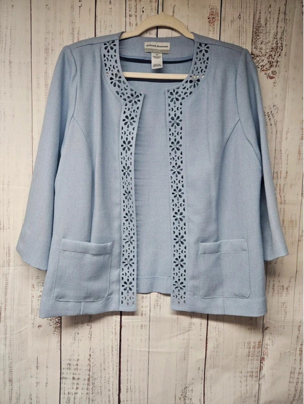 Alfred Dunner Petite 10P Blue Open Front Jacket Floral Cutout 3/4 Sleeve Career